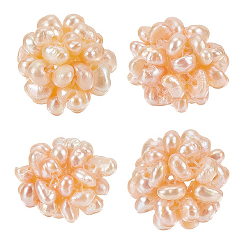 4Pcs Round Natural Cultured Freshwater Pearl Beads, Handmade Ball Cluster Beads, Wheat, 12~15mm, Hole: 1.2~1.8mm