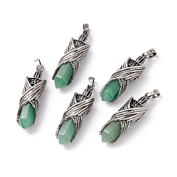 Natural Green Aventurine Pendants, Faceted Bullet Charms, Rack Plating Antique Silver Tone Brass Wing Findings, Cadmium Free & Lead Free, 42.5x12.5x11mm, Hole: 8x5mm
