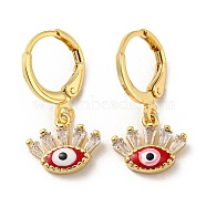 Real 18K Gold Plated Brass Dangle Leverback Earrings, with Enamel and Glass, Evil Eye, FireBrick, 23x11.5mm(EJEW-A033-11G-03)