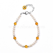 Natural Citrine(Dyed & Heated) Beaded Bracelets, with Evil Eye Lampwork Beads, Natural Pearl Beads, Brass Beads and 304 Stainless Steel Lobster Claw Clasps, 7-7/8 inch(20cm)(BJEW-JB05313-01)