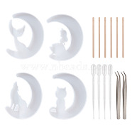 DIY Silicone Moon Molds Kits, Baking Molds, with 304 Stainless Steel Beading Tweezers, Plastic Dropper, Birch Wooden Craft Ice Cream Sticks, White, 128x101~104x10~11mm, 4pcs/set(DIY-TA0008-30)
