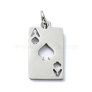 304 Stainless Steel Pendants, with Jump Rings, Laser Cut, Rectangle with Ace of Heart Charm, Stainless Steel Color, 18x9.5x1mm, Hole: 3mm(STAS-C097-65P)