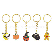 Halloween Theme Alloy Enamel Pendant Keychain, with Iron Ring, Mixed Shapes, Mixed Color, 7.1~8.1cm(KEYC-JKC00472)