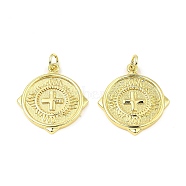 Brass Pendants, with Jump Ring, Long-Lasting Plated, Lead Free & Cadmium Free, Flat Round with Cross Charm, Real 18K Gold Plated, 23x21x2mm, Hole: 3.6mm(KK-K346-11G)