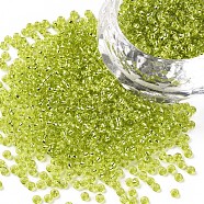 11/0 Grade A Transparent Glass Seed Beads, Silver Lined Round Hole, Round, Green Yellow, 2x1.5mm, Hole: 0.3mm, about 3000pcs/50g(X-SEED-Q007-F48)