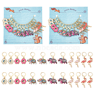 Flamingo/Yin Yang Flower/Elephant Alloy Enamel Pendant Stitch Markers, Crochet Leverback Hoop Charms, Locking Stitch Marker with Wine Glass Charm Ring, Mixed Color, 3.2~4cm, 12pcs/set(HJEW-AB00460)