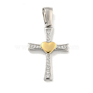 Ion Plating(IP) 304 Stainless Steel Cubic Zirconia Pendants, Cross Charm, Golden & Stainless Steel Color, 23.5x16x2.5mm, Hole: 6x3.5mm(STAS-C102-05GP)