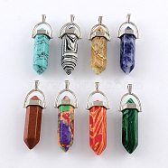 Mixed Stone Pendants with Alloy Findings, Platinum, 40~42x13.5x10mm, Hole: 2mm(G-R278-34P)