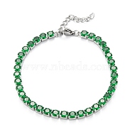 304 Stainless Steel  Rhinestones Link Chain Bracelets, Stainless Steel Color, Emerald, 6-3/4 inch(17cm)(STAS-A052-15P-A)
