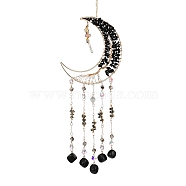 Natural Black Agete Wind Chime, with Glass Beads and Iron Ring, Moon, 511mm(HJEW-P015-04)