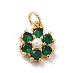 Rack Plating Brass Micro Pave Cubic Zirconia Charms, with Pearl, Cadmium Free & Lead Free, Real 18K Gold Plated, Flower, Dark Green, 12.5x10.5x4mm, Hole: 3.6mm(KK-A160-22F-G)
