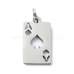 Non-Tarnish 304 Stainless Steel Pendants, with Jump Rings, Laser Cut, Rectangle with Ace of Heart Charm, Stainless Steel Color, 18x9.5x1mm, Hole: 3mm(STAS-C097-65P)