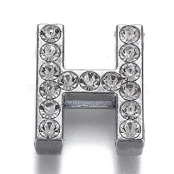 Alloy Letter Slide Charms, with Crystal Rhinestone, Cadmium Free & Lead Free, Platinum, Letter.H, 20x17x7mm, Hole: 3x18mm(RB-F034-01H-P-RS)
