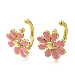 Rack Plating Flower Brass Cuff Earrings, with Enamel, Long-Lasting Plated, Lead Free & Cadmium Free, Real 18K Gold Plated, Hot Pink, 14x14x16.5mm(EJEW-H016-33G-02)