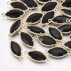 Glass Links, with Light Gold Plated Eco-Friendly Alloy Findings, Faceted, Horse Eye, Black, 21x9x4mm, Hole: 1.2mm(GLAA-S188-B-06KC)