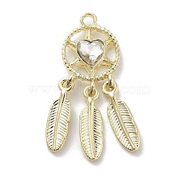 Rack Plating Alloy Rhinestone Pendants, Lead Free & Cadmium Free & Nickel Free, Woven Net/Web with Feather, Heart, Crystal, Golden, 34x13x4mm, Hole: 2mm(PALLOY-F311-19G-01)