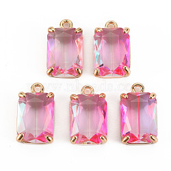 Transparent Glass Pendants, with Brass Prong Settings, Faceted, Rectangle, Light Gold, Hot Pink, 17x10x5.5mm, Hole: 1.6mm(GLAA-S193-008-B01)