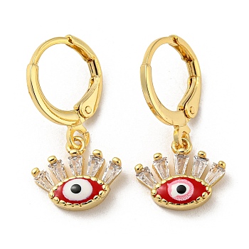 Real 18K Gold Plated Brass Dangle Leverback Earrings, with Enamel and Glass, Evil Eye, FireBrick, 23x11.5mm