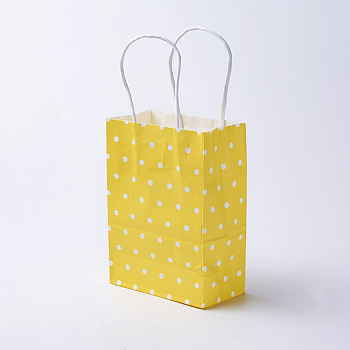 kraft Paper Bags, with Handles, Gift Bags, Shopping Bags, Rectangle, Polka Dot Pattern, Yellow, 15x11x6cm