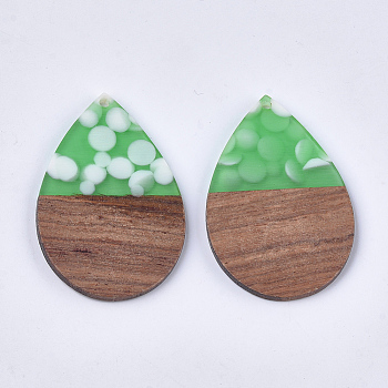 Resin & Walnut Wood Pendants, Teardrop, Lime Green, 47.5~48x31.5x3mm, Hole: 2mm