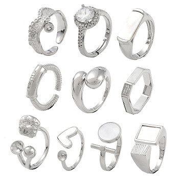 10Pcs 10 Styles Brass Adjustable Rings & Open Cuff Rings Set, with Natural Shell for Women, Long-Lasting Plated, Real Platinum Plated, Inner Diameter: 16~17.5mm, 1pc/style