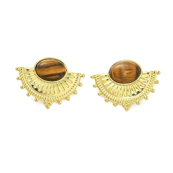 304 Stainless Steel Natural Tiger Eye Boho Stud Earrings, Oval, Real 18K Gold Plated, 31x42mm