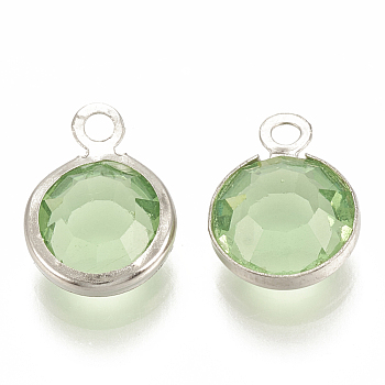 Glass Charms, with 304 Stainless Steel Finding, Flat Round, Faceted, Stainless Steel Color, Light Green, 12x8.5x4mm, Hole: 1.5mm