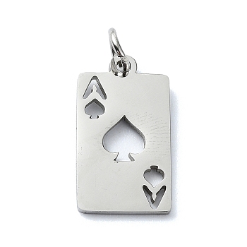 304 Stainless Steel Pendants, with Jump Rings, Laser Cut, Rectangle with Ace of Heart Charm, Stainless Steel Color, 18x9.5x1mm, Hole: 3mm