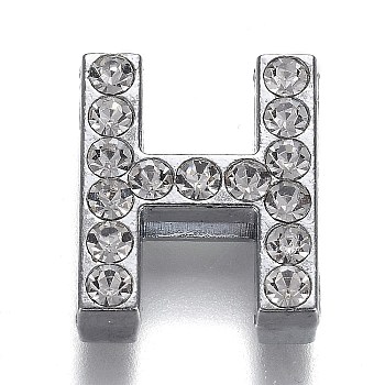 Alloy Letter Slide Charms, with Crystal Rhinestone, Cadmium Free & Lead Free, Platinum, Letter.H, 20x17x7mm, Hole: 3x18mm