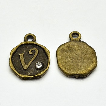 Antique Bronze Plated Alloy Rhinestone Charms, Flat Round with Letter.V, Nickel Free, 13x10x1.5mm, Hole: 1mm