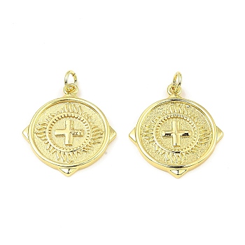 Brass Pendants, with Jump Ring, Long-Lasting Plated, Lead Free & Cadmium Free, Flat Round with Cross Charm, Real 18K Gold Plated, 23x21x2mm, Hole: 3.6mm