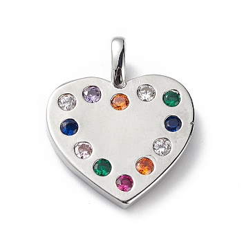 Rack Plating Brass Micro Pave Cubic Zirconia Pendants, Heart Charm, Cadmium Free & Lead Free, Long-Lasting Plated, Platinum, Colorful, 19x16x2mm, Hole: 3x1mm