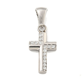 304 Stainless Steel Cubic Zirconia Pendants, Cross Charm, Stainless Steel Color, 18.5x10x2.5mm, Hole: 6x3.5mm