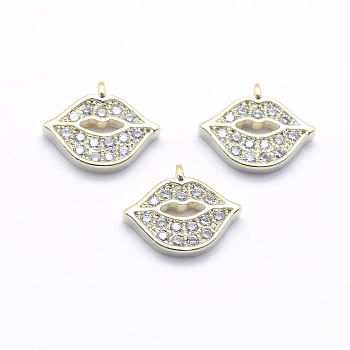 Long-Lasting Plated Brass Cubic Zirconia Charms, Real 18K Gold Plated, Nickel Free, Mouth/Lip, 8x9x1.5mm, Hole: 0.5mm