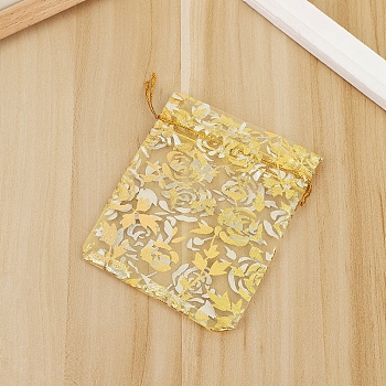 Rectangle Organza Drawstring Gift Bags, Gold Stamping Rose Pouches for Wedding Party Gift Storage, Gold, 9x7cm