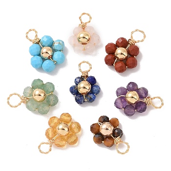 Natural Mixed Stone Beaded Pendants, with Gold Tone Copper Wire Wrapped Findings, Flower Charms, Mixed Color, 12.5~13.5x9~11x4.5mm, Hole: 2.5mm