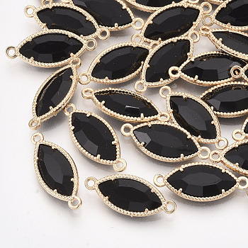 Glass Links, with Light Gold Plated Eco-Friendly Alloy Findings, Faceted, Horse Eye, Black, 21x9x4mm, Hole: 1.2mm