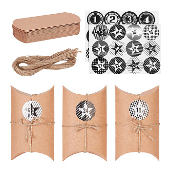 24Pcs Foldable Cordboard Paper Pillow Boxes, with Jute Cord and Round Dot Sealing Stickers Number 1~24, Peru, Finish Product: 13x7.6x3.5cm