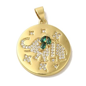 Brass Micro Pave Cubic Zirconia Pendants, Real 18K Gold Plated Flat Round Charms, Elephant, 27.5x24x4mm, Hole: 5x3.3mm
