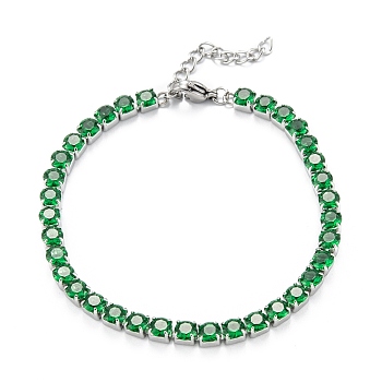 304 Stainless Steel  Rhinestones Link Chain Bracelets, Stainless Steel Color, Emerald, 6-3/4 inch(17cm)