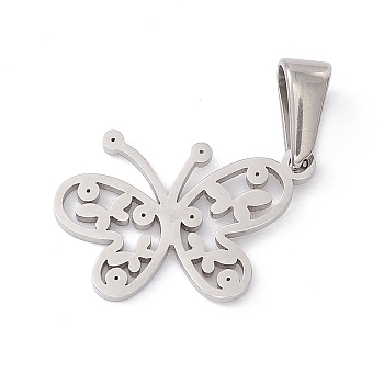 304 Stainless Steel Pendants, Laser Cut, Hollow, Butterfly Charms, Stainless Steel Color, 19.5x16x1mm, Hole: 2.5x4.5mm