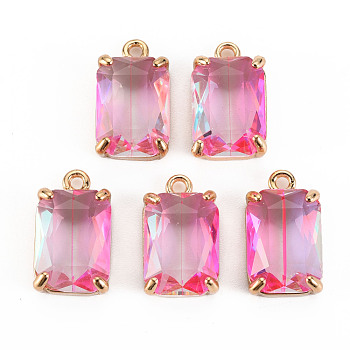 Transparent Glass Pendants, with Brass Prong Settings, Faceted, Rectangle, Light Gold, Hot Pink, 17x10x5.5mm, Hole: 1.6mm