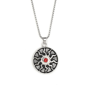 201 Stainless Steel Chain,  Zinc Alloy Pendant Necklaces, Flat Round with Sun, Antique Silver & Stainless Steel Color, 22.24 inch(56.5cm)