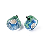 3D Lampwork & Brass Core European Beads, Large Hole Beads, Rondelle, with Silver Foil, Frog, 17~17.5x14.5~15x7.5mm, Hole: 4.5mm(FOIL-Q004-01A)