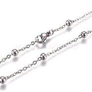 304 Stainless Steel Cable Chain Necklaces, with Round Beads and Lobster Claw Clasps, Stainless Steel Color, 17.71 inch(45cm), 2mm(NJEW-L159-08A-P)