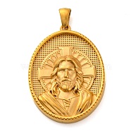 Religion Golden Tone 304 Stainless Steel Pendants, Oval Charm, Jesus, 40x26x5.5mm, Hole: 4.8x3mm(STAS-K289-01G-09)