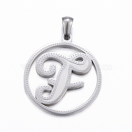 304 Stainless Steel Pendants, Flat Round with Letter.F, Stainless Steel Color, 28x25x1.2mm, Hole: 6x3mm(STAS-K162-048P)