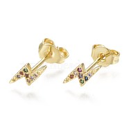 Brass Micro Pave Cubic Zirconia(Random Mixed Color) Flash Stud Earrings, Crawler Earrings/Climber Earrings, with Ear Nuts, Lightning Bolt, Golden, 9x3.5mm, Pin: 0.7mm(EJEW-S201-84)