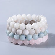 Natural Gemstone Beads Stretch Bracelets, with Natural Aquamarine, Frosted Natural Rose Quartz, Natural White Moonstone and Natural Agate, Round, Packing Box, 2-1/8 inch(5.3~5.4cm), 4pcs/set(BJEW-JB04170)