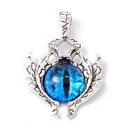 Glass Pendants, with Antique Silver Plated Alloy Findings, Evil Eye, Deep Sky Blue, 42x29x8.5mm, Hole: 6x4mm(FIND-A015-01C-AS)